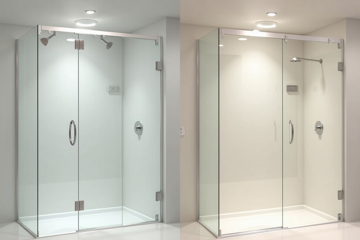 Side-by-side comparison showing semi-frameless shower door with top rail versus fully frameless door with no visible metal framing