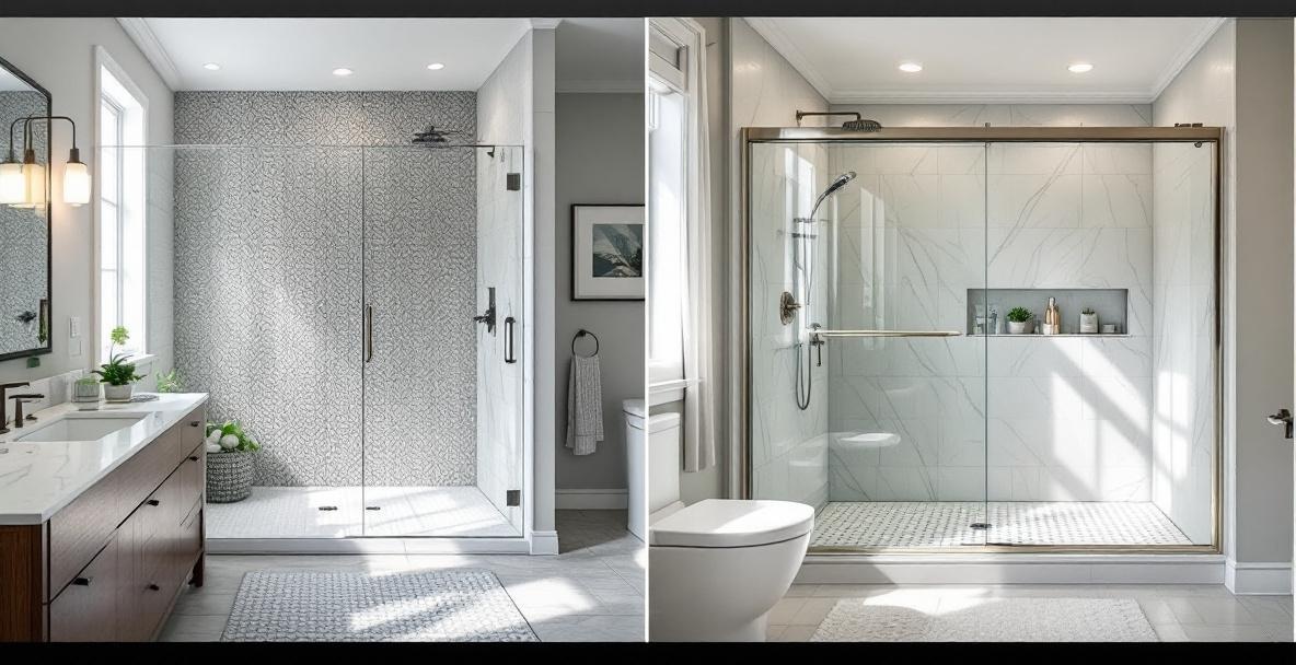 Luxurious frameless glass shower enclosure in a renovated DFW master bathroom with large format tile and polished chrome hardware showing premium finish