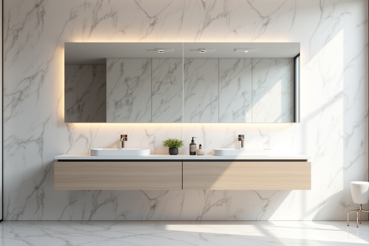 Large frameless mirror with polished edge mounted on marble wall above a floating vanity showing hidden J-bar bracket system in a DFW bathroom