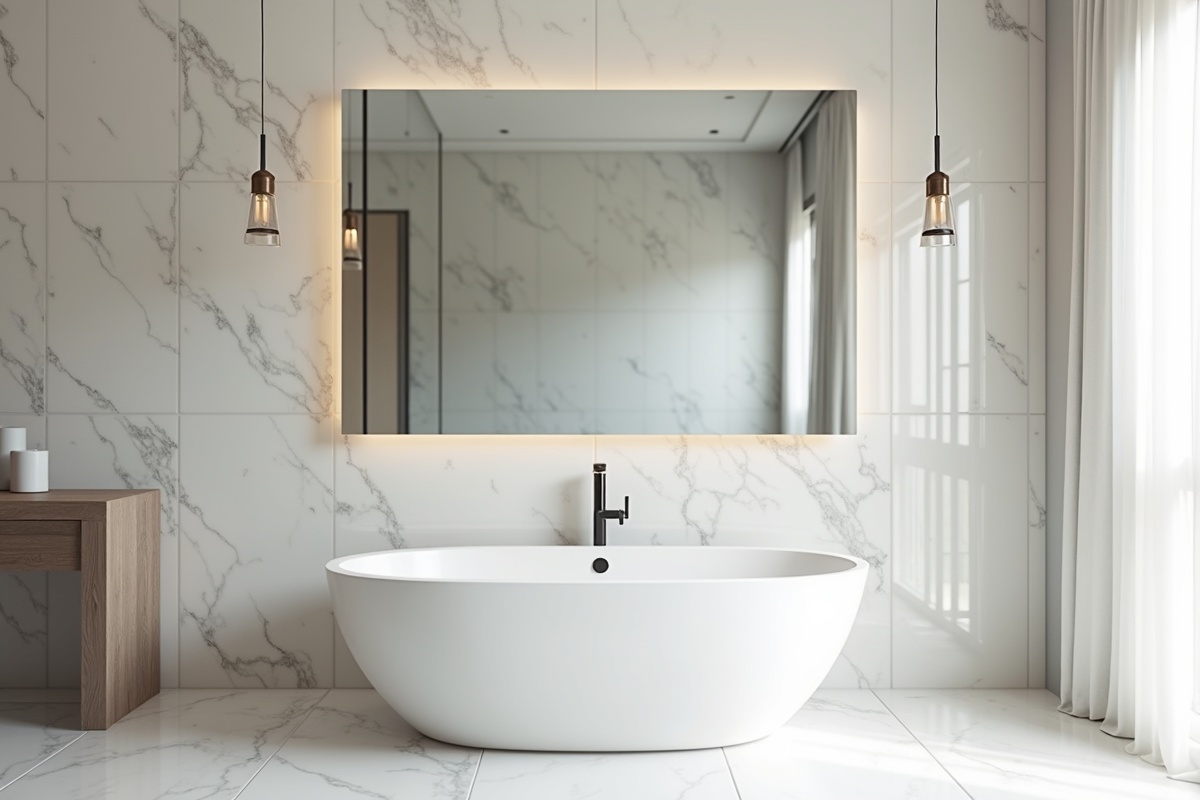 Oversized frameless bathroom mirror installed above a freestanding tub with marble wall showing proper spacing and mounting in a luxury DFW home