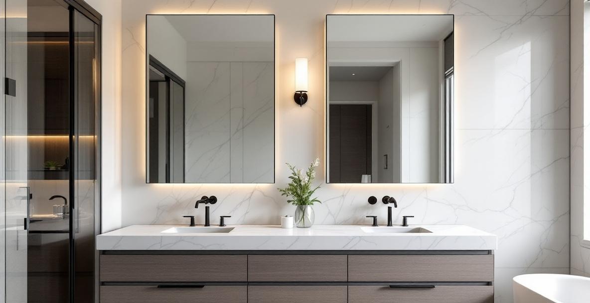 Large frameless bathroom mirror spanning a double vanity with marble walls and freestanding tub in a contemporary DFW master bathroom
