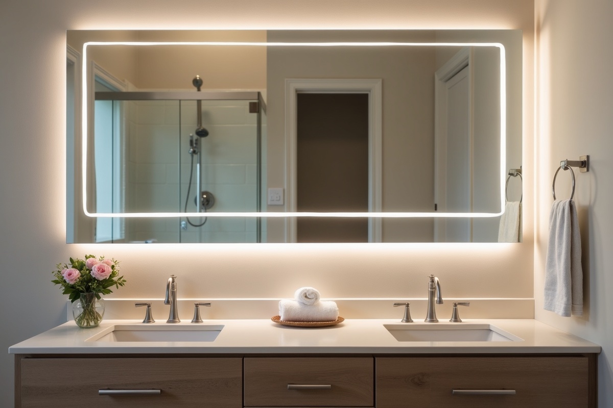 Large LED backlit vanity mirror with soft halo edge lighting installed above a double sink in a renovated Dallas master bathroom