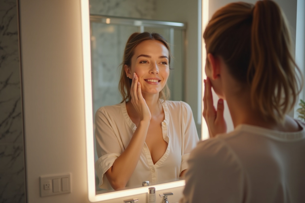 Woman using a front-lit LED vanity mirror for morning skincare routine in a Dallas bathroom with integrated anti-fog defogger