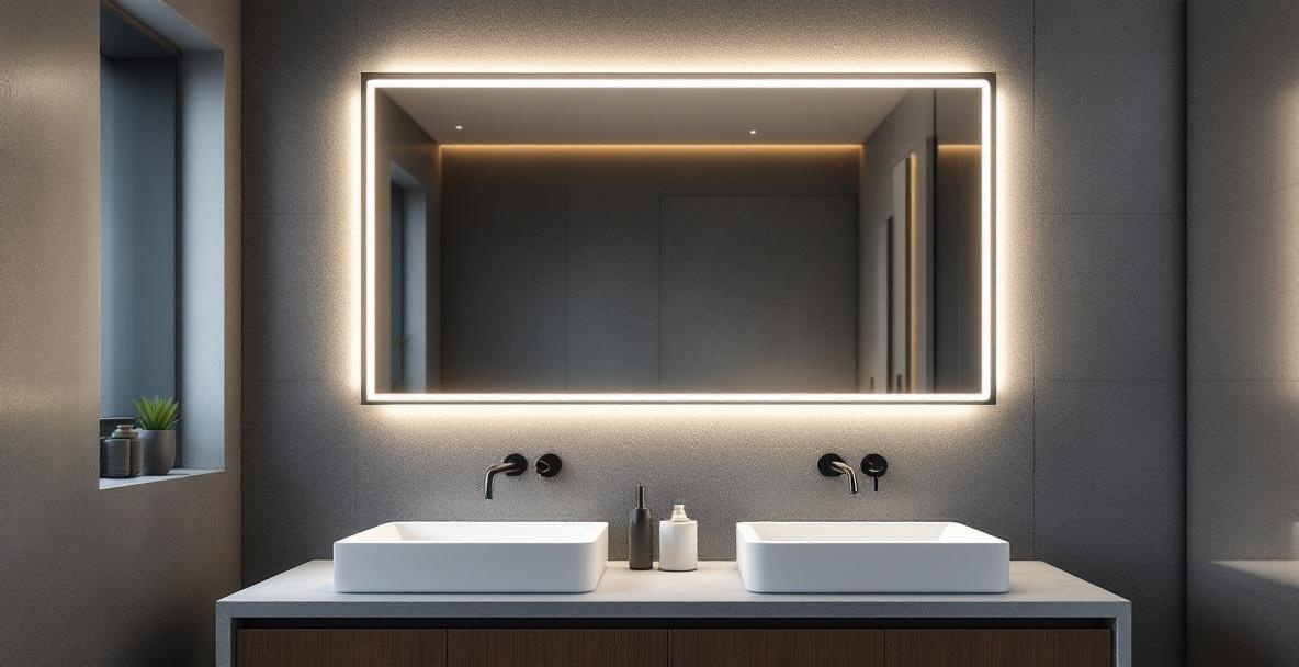 LED backlit round vanity mirror mounted above a floating washbasin in a modern Dallas bathroom with warm perimeter lighting