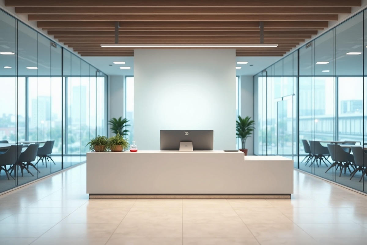 Modern DFW office lobby with floor-to-ceiling glass partition walls and branded etched logo glass at the reception desk