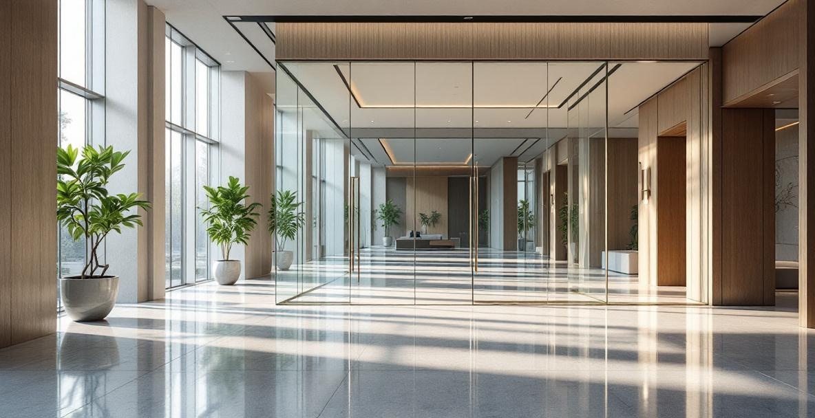 Corporate lobby in a Dallas office building with frameless glass partition walls creating a bright open reception space