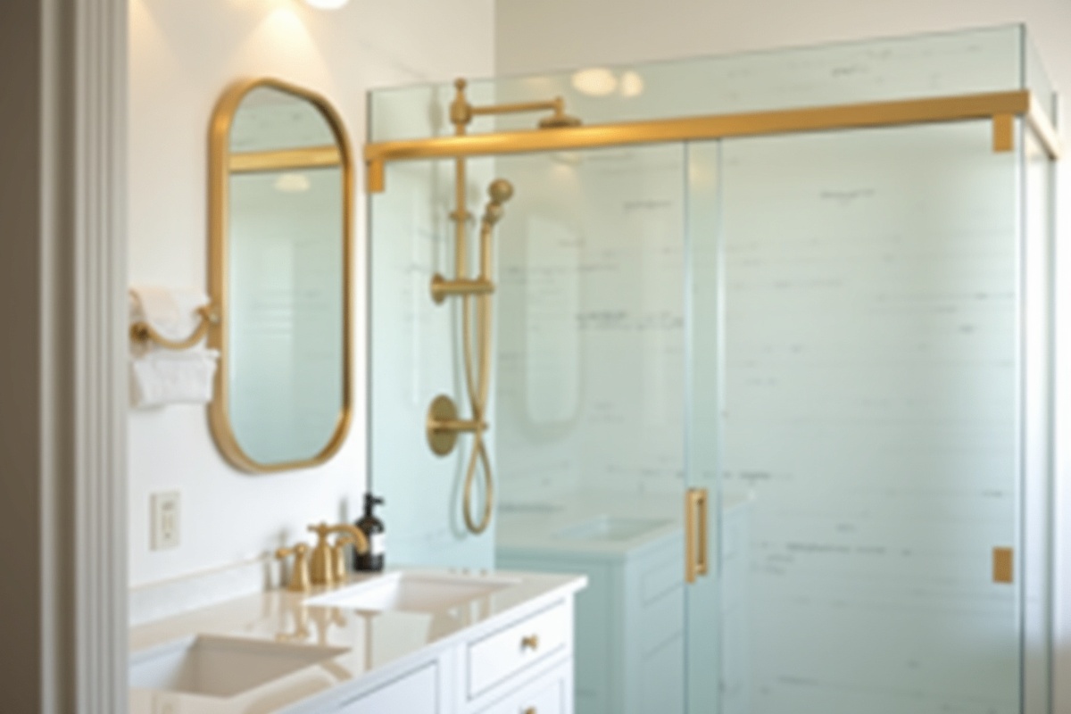 Custom frameless shower enclosure with brushed gold hardware in a DFW master bathroom renovation showing the finish-matched hardware and perfect fit that only custom fabrication delivers