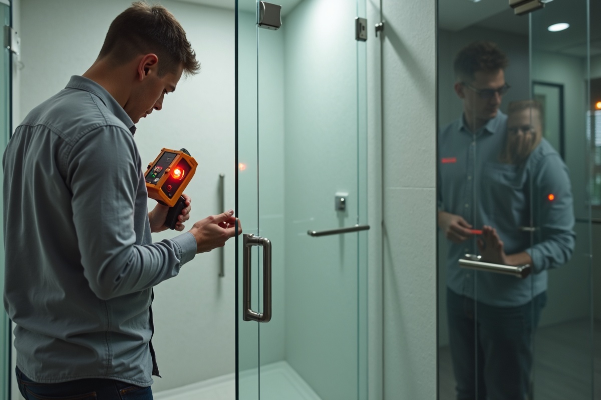 Glass installation specialist using a laser level to measure a DFW shower opening before custom frameless door fabrication showing the precision measurement process