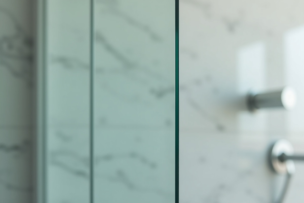 Close-up of frameless shower glass panel edge showing crystal-clear low-iron glass with minimal color tint compared to standard tempered glass in a contemporary DFW bathroom