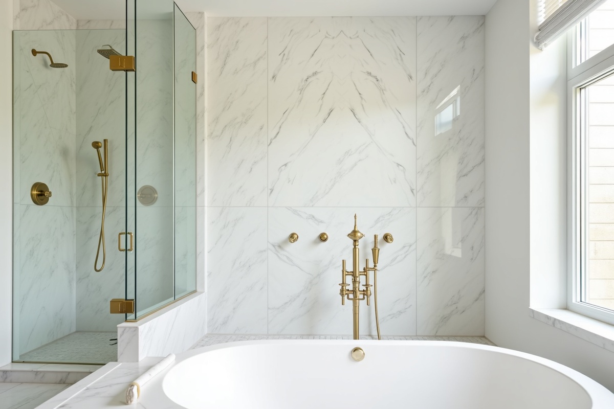 Modern master bathroom remodel in DFW home featuring frameless shower enclosure with crystal-clear glass panels showcasing large-format marble tile and brushed gold hardware