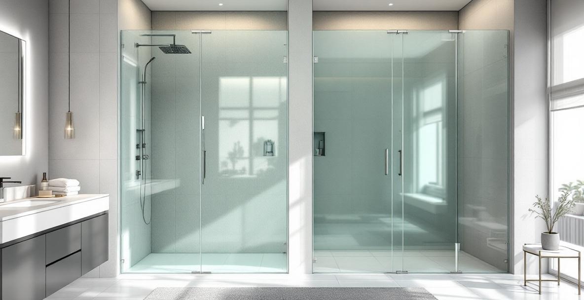 Bright modern bathroom with frameless glass shower enclosure showing crystal-clear glass panels with no visible tint against white tile walls