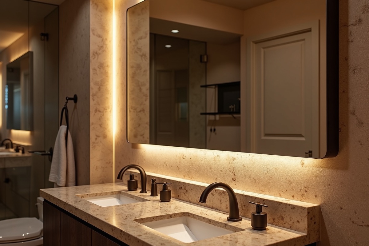DFW luxury master bathroom featuring an illuminated frameless mirror with integrated LED lighting over a stone vanity with warm metal fixtures