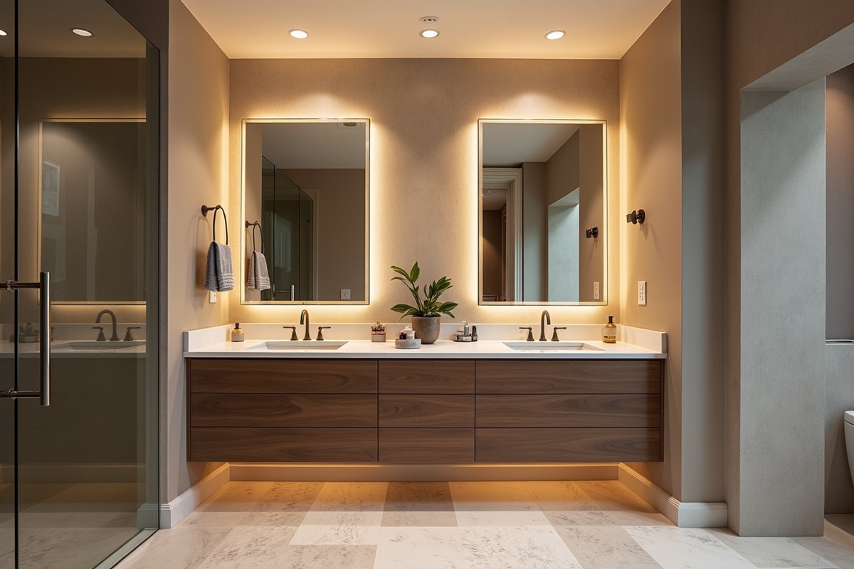 Luxury DFW bathroom vanity with illuminated mirror reflections showcasing specialty glass and high-end finishes for a primary master bath