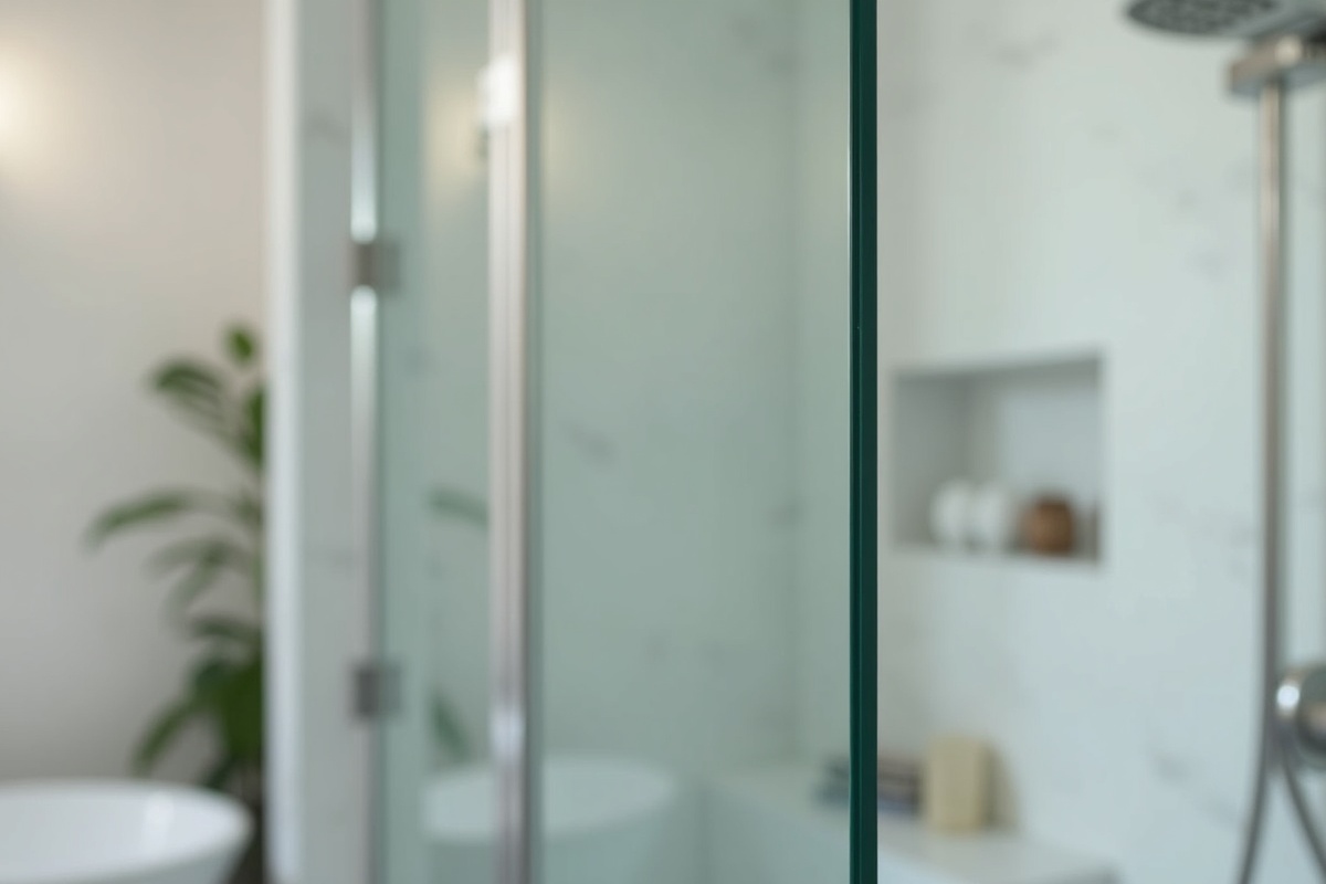 Detail of premium frameless glass shower showing thick glass edge and brushed hardware finish in modern bathroom