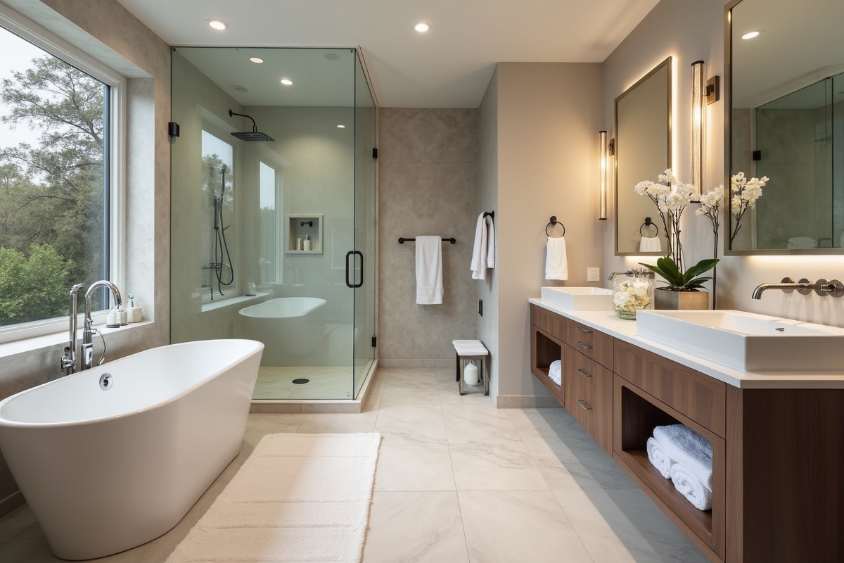 Modern luxury bathroom with frameless glass shower in an upscale Dallas-area residence