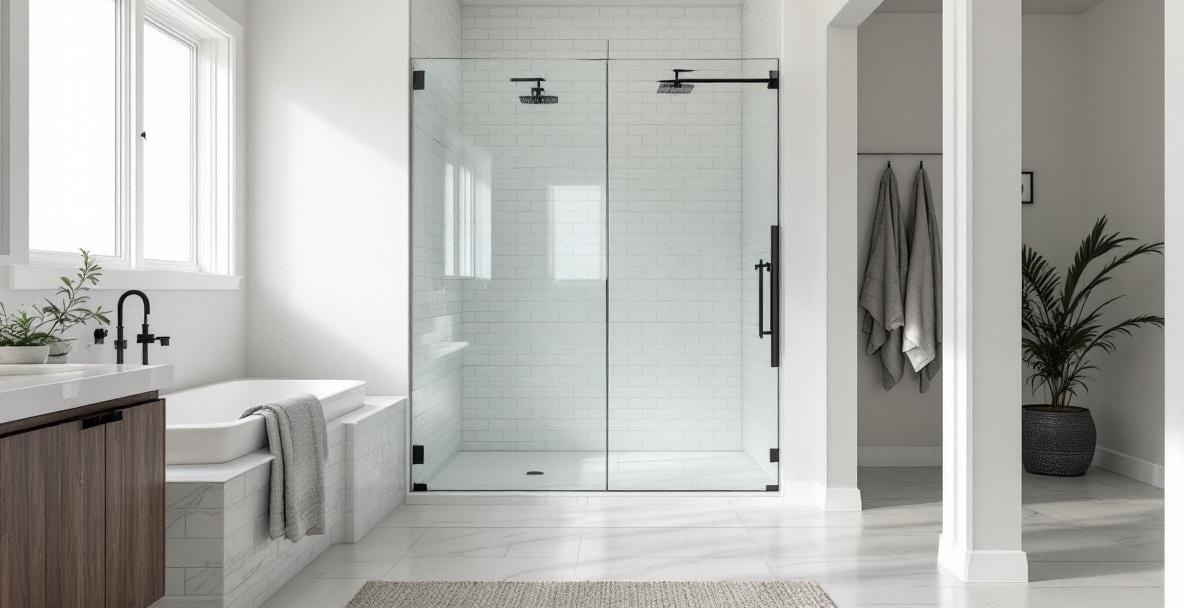 High-end modern bathroom with luxury frameless glass shower enclosure in a Dallas-Fort Worth area home