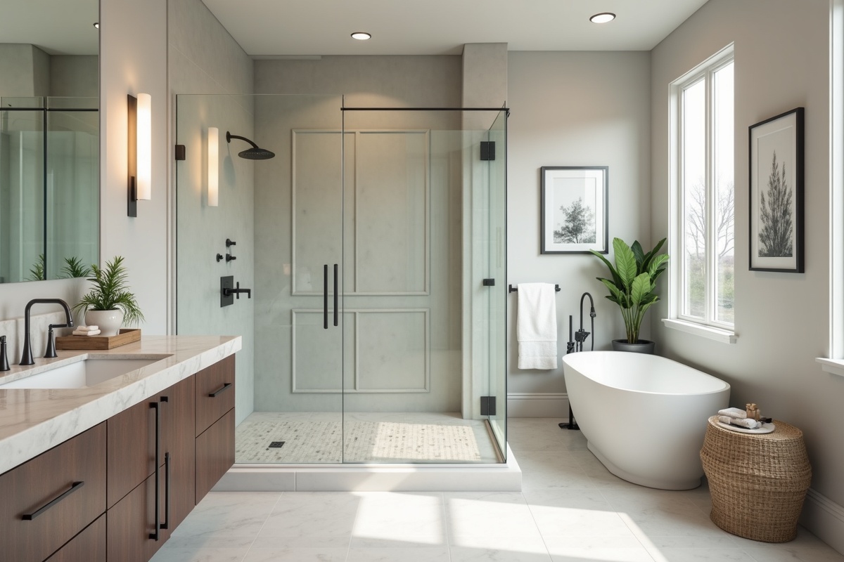 Walk-in wet room with frameless glass enclosure in a DFW luxury master bathroom showing soaking tub and large shower combined in single glass zone