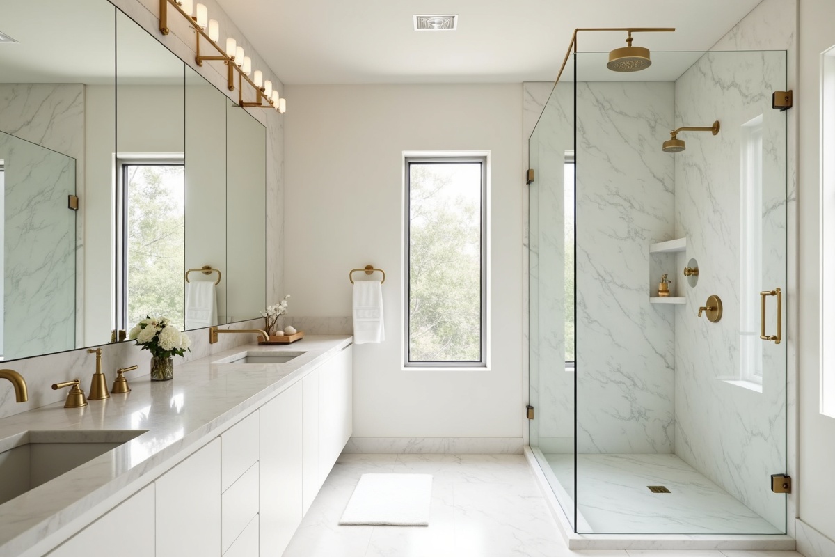 Luxury DFW master bathroom shower with brushed gold frameless glass hardware coordinated with gold plumbing fixtures and large format marble look tile