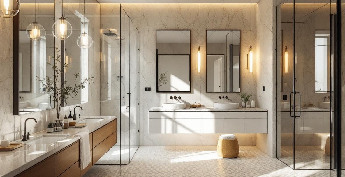Luxury master bathroom shower in a DFW home showing large walk-in frameless glass wet room design with soaking tub and premium fixtures 2026 trends