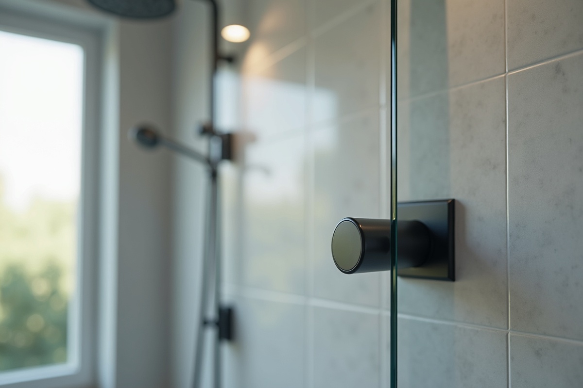 Frameless shower enclosure featuring complete matte black hardware set with wall hinges, C-pull handle, and panel clamps