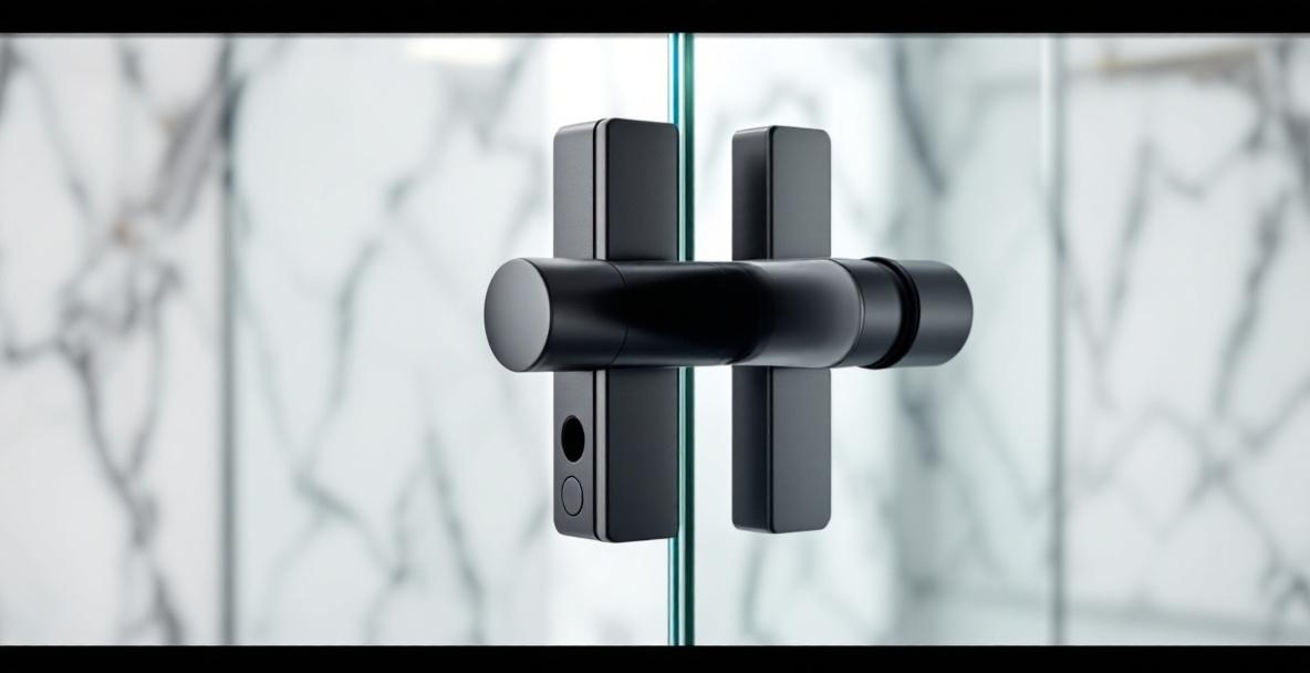 Frameless glass shower door with bold matte black hardware including hinges, clamps, and towel bar handle in a modern bathroom