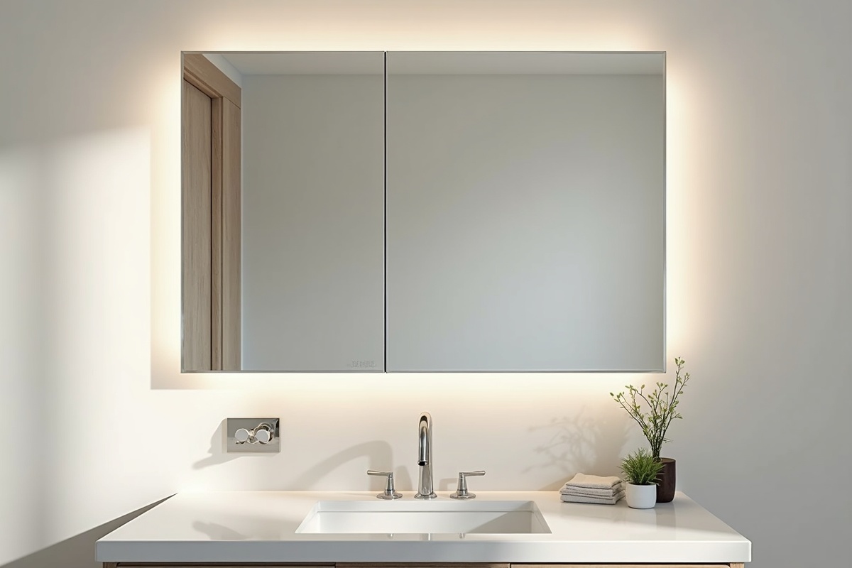 Surface-mount medicine cabinet with mirrored door installed above a bathroom vanity in a Dallas home, showing the cabinet protruding slightly from the wall