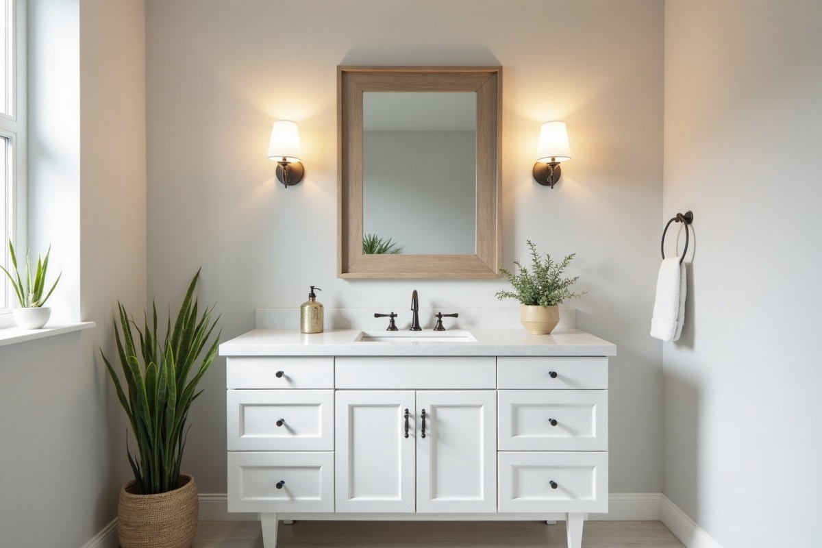 Dallas bathroom remodel showing a properly sized medicine cabinet mirror centered above a single-sink vanity with good proportions and mounting height