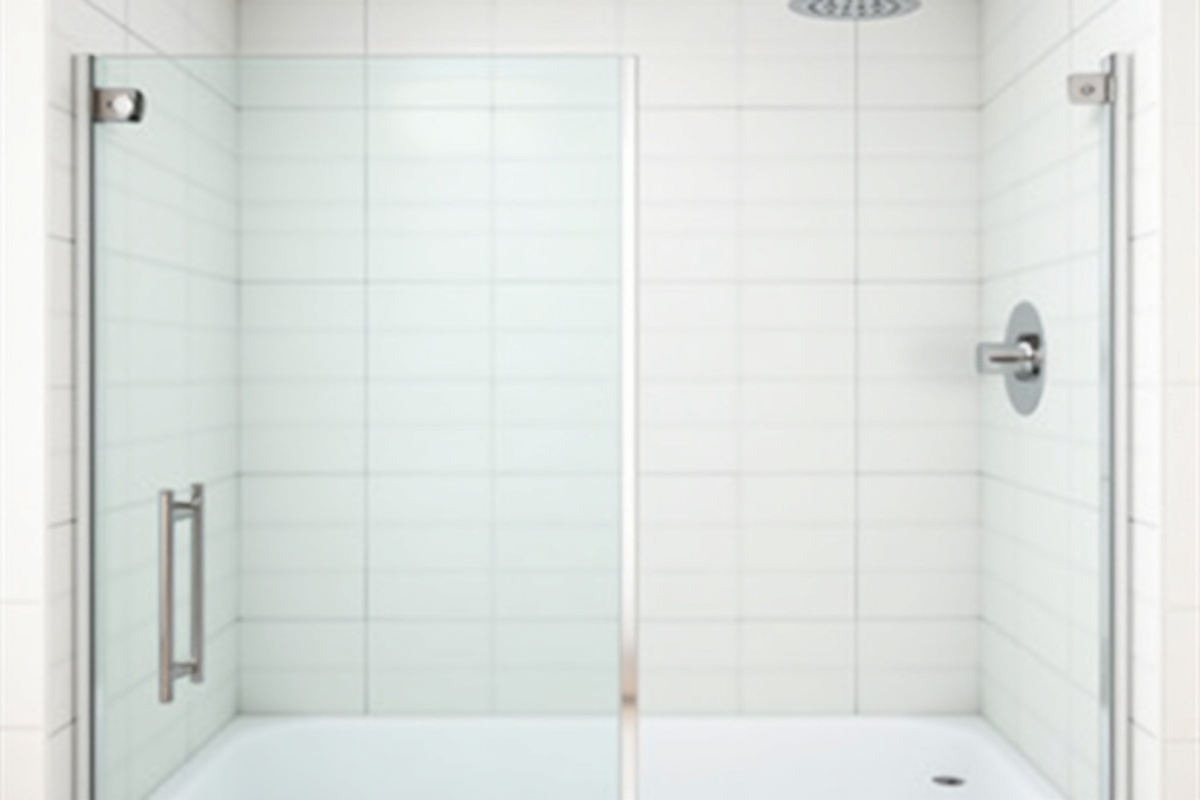 Frameless shower enclosure with single pivot door and slim brushed nickel hinges against white subway tile in minimalist bathroom design