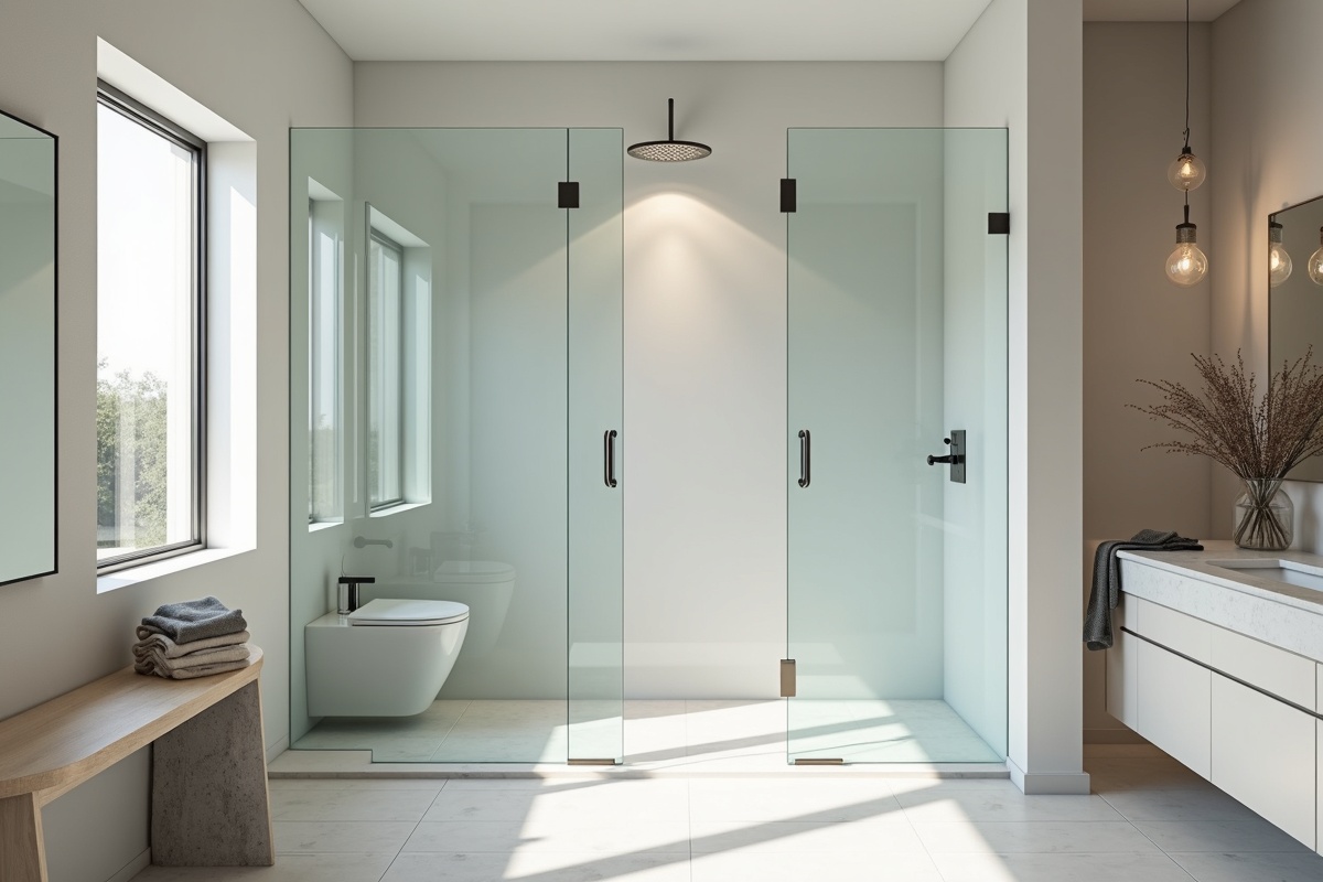 Walk-in frameless glass shower with no door and two fixed glass panels creating a clean open entry in a minimalist DFW bathroom