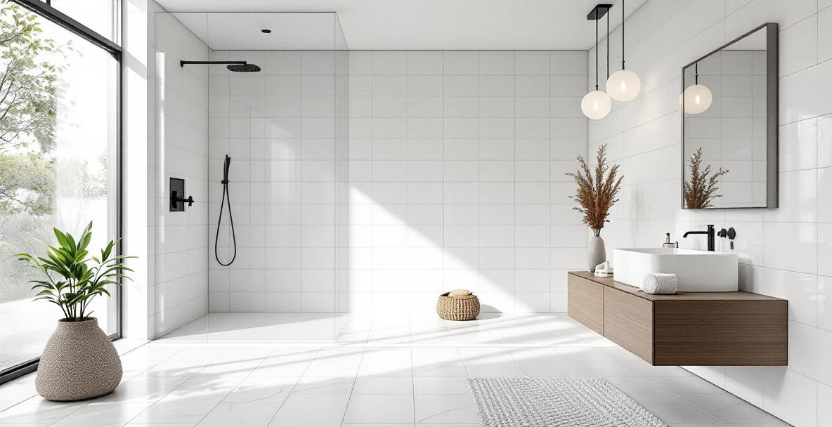 Bright minimalist bathroom with frameless glass shower enclosure, white tile, and clean architectural lines creating an open, light-filled space