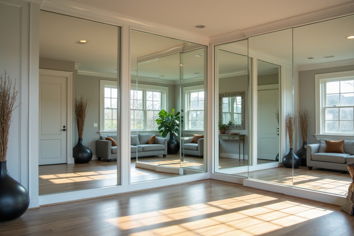 Floor-to-ceiling mirror panels installed in a Colleyville TX home gym with natural light showing reflection accuracy