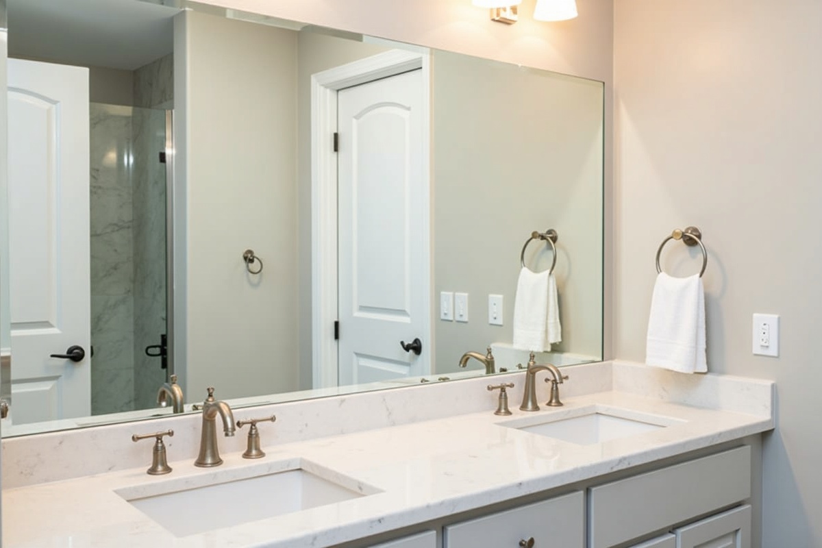 Custom beveled-edge frameless mirror installed above a double vanity in a Colleyville TX master bathroom renovation