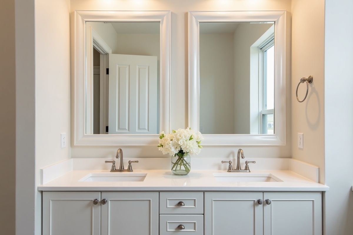 Beveled edge custom mirror installed in a Flower Mound TX bathroom showing the elegant edge profile and precise fit above a double vanity