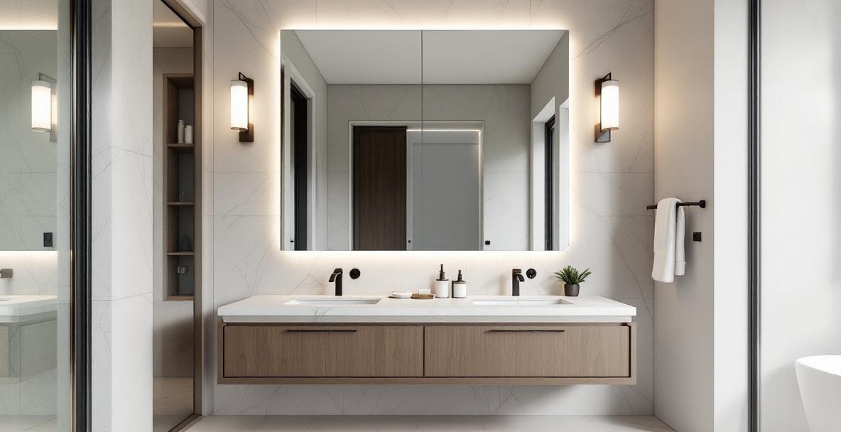 Large custom frameless vanity mirror installed in a Flower Mound TX master bathroom with polished edges spanning the full width of the double-sink vanity