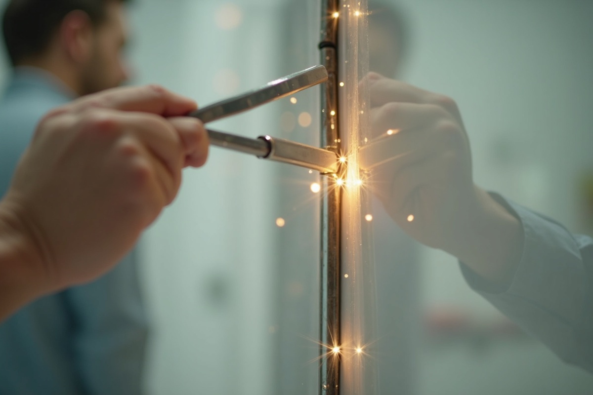 Mirror removal process showing piano wire technique being used to cut adhesive bond behind an existing bathroom mirror