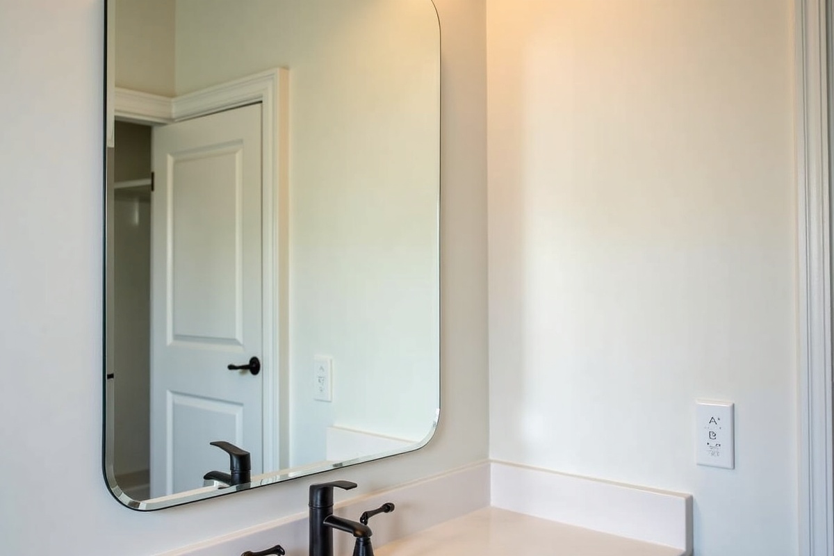 New custom bathroom mirror installed in a DFW home after mirror replacement, showing updated proportions and beveled edge