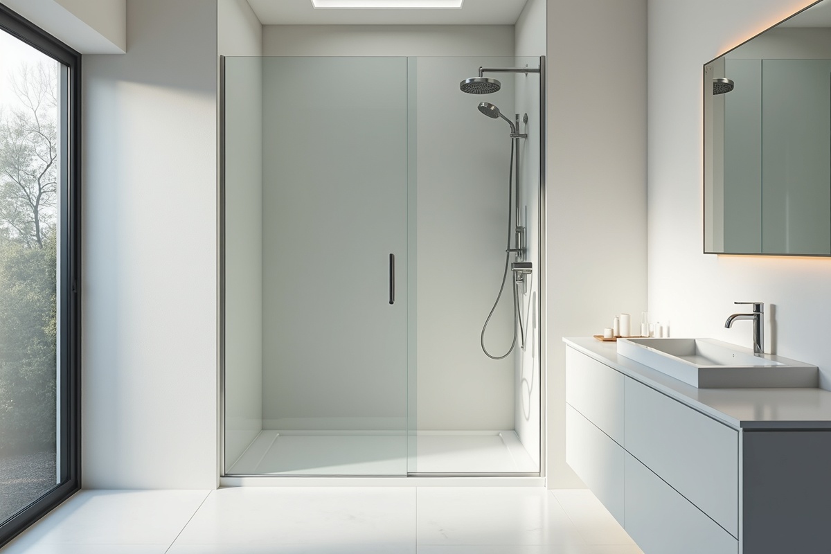 Modern bathroom interior showing glass shower enclosure with clean corner joints and contemporary fixtures