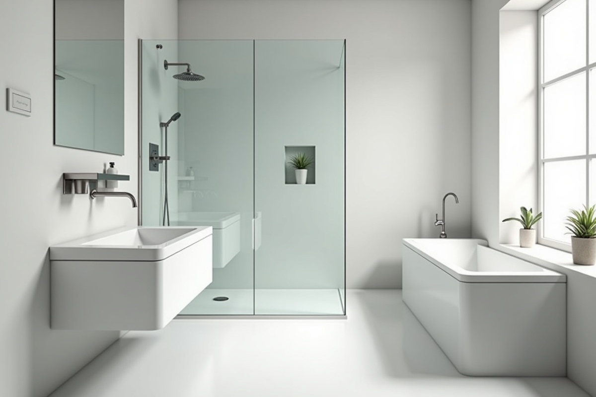 Clean modern bathroom with frameless glass shower and sleek hardware showing precision craftsmanship