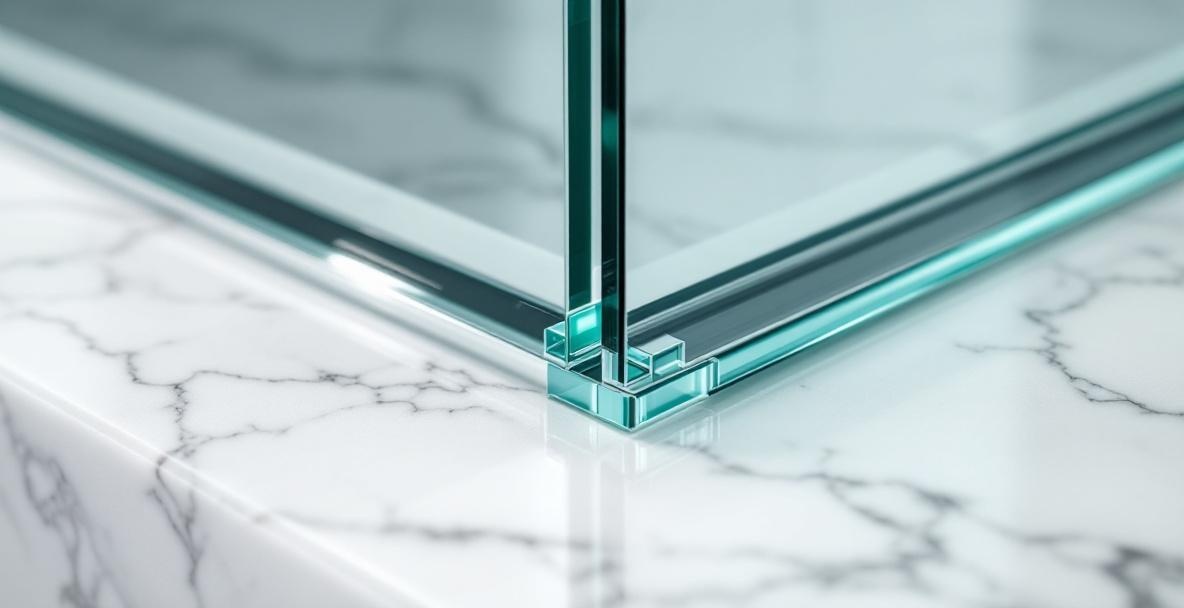 Elegant frameless glass shower enclosure with precision-cut corners in a modern bathroom with marble tile walls