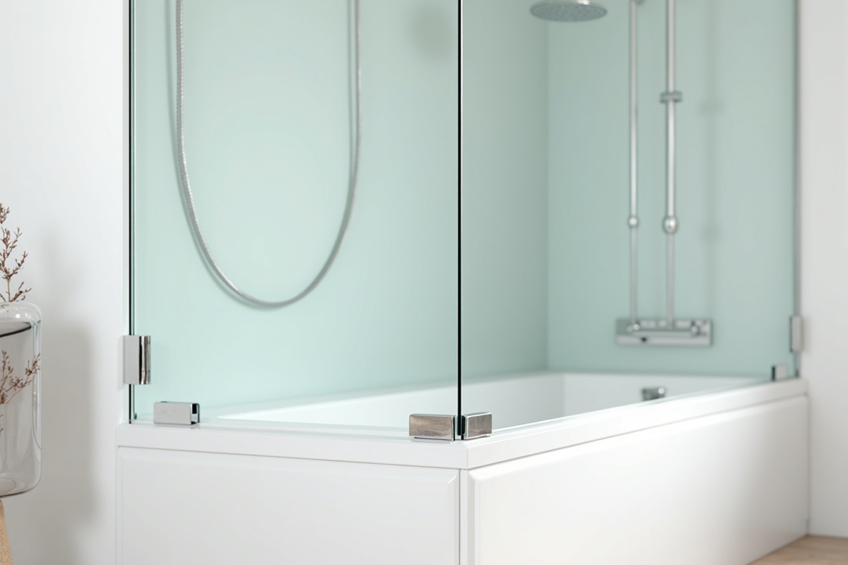 Bright contemporary bathroom with frameless glass shower panel showing where glass panels meet at the corner