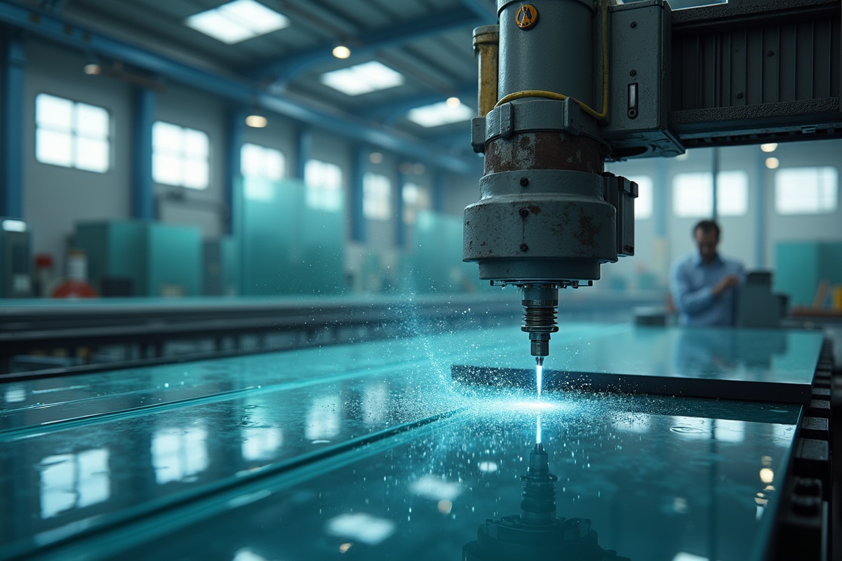 Interior of a glass fabrication shop with CNC equipment used for precision cutting of glass panels
