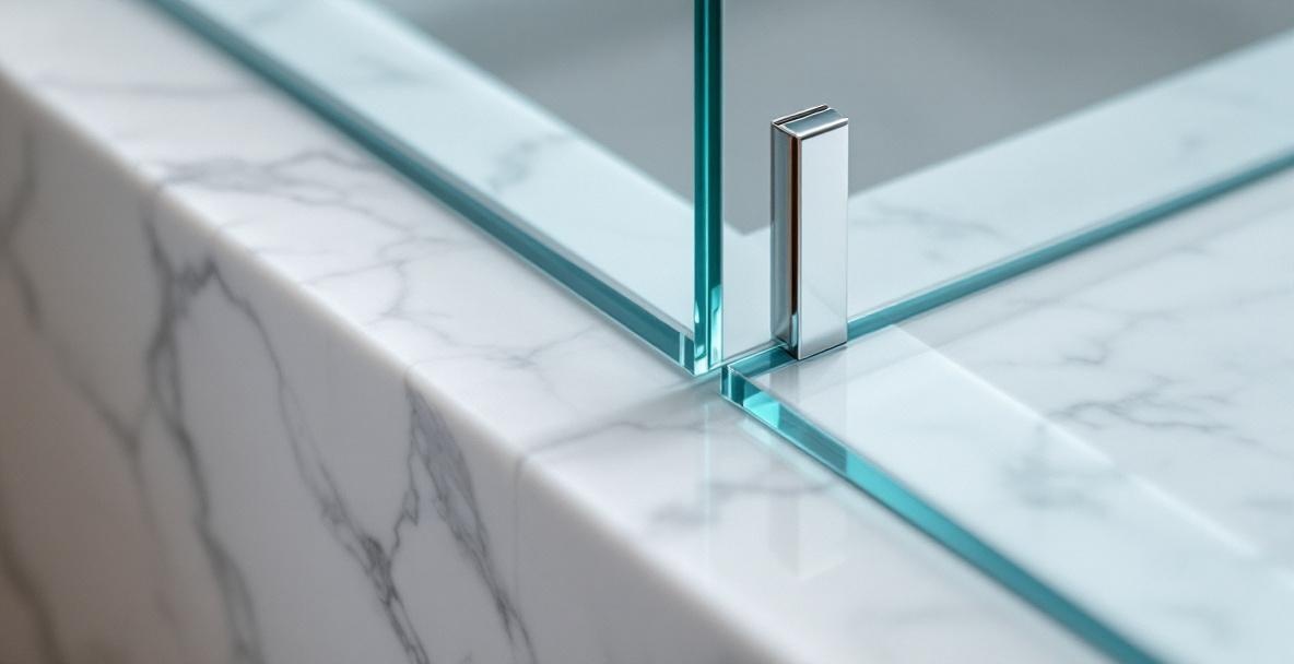 Modern frameless glass shower enclosure with clean glass corner joints in a contemporary bathroom