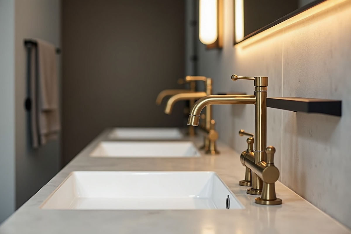 Brushed brass faucet and matte black towel bar side by side in a contemporary bathroom showing warm mixed metal combination