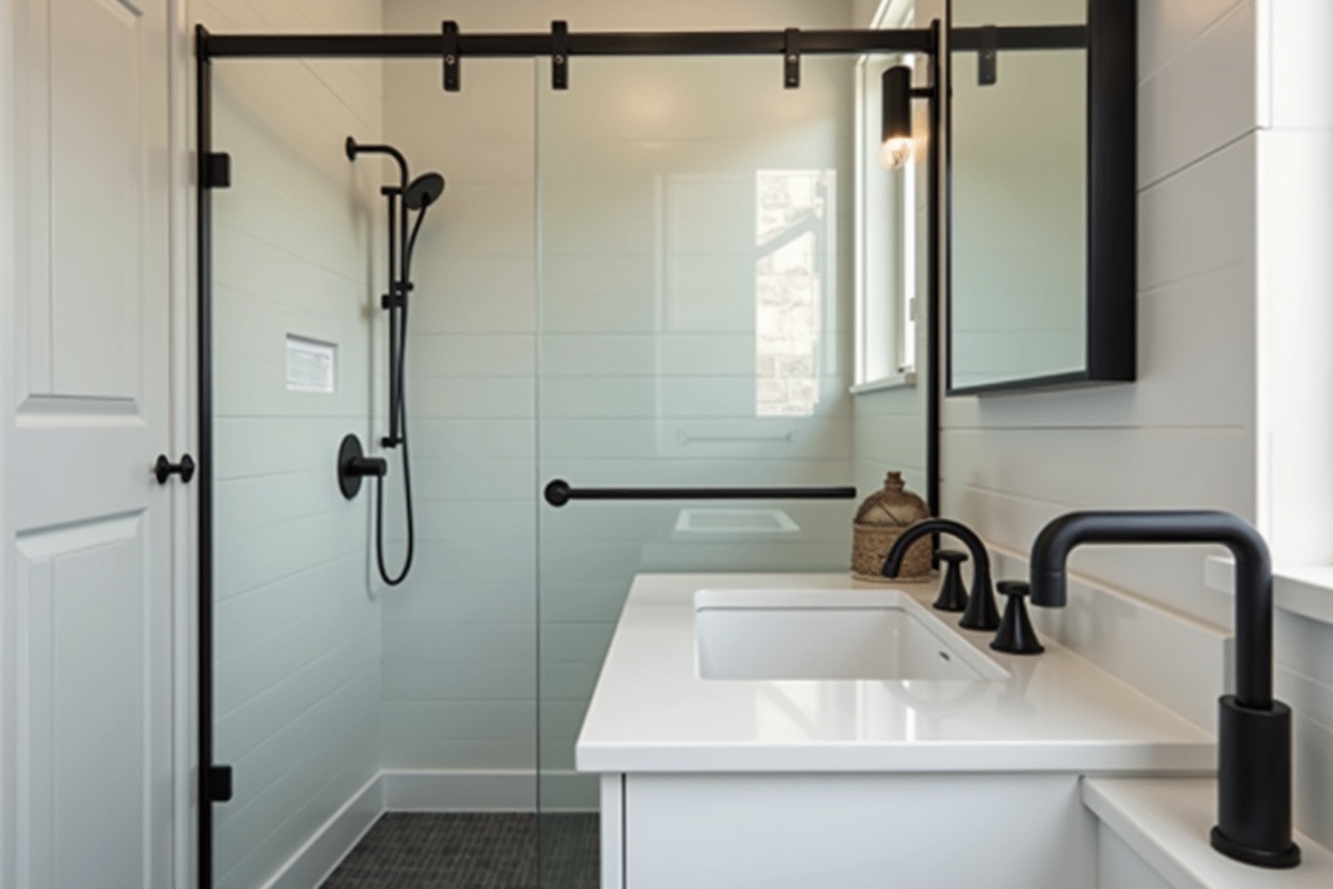 Contemporary bathroom with matte black shower door hardware and brushed nickel faucet demonstrating intentional mixed metal design in DFW home