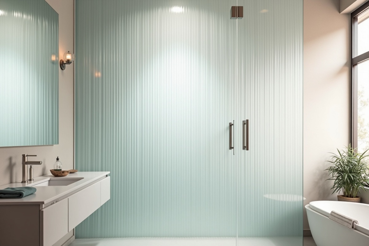 Fluted glass panel in a modern DFW bathroom showing ribbed texture glass creating privacy zone within frameless shower enclosure