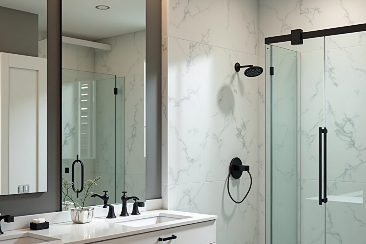Modern DFW bathroom showing consistent matte black hardware specification on frameless shower glass hinges shower head faucet and mirror frame