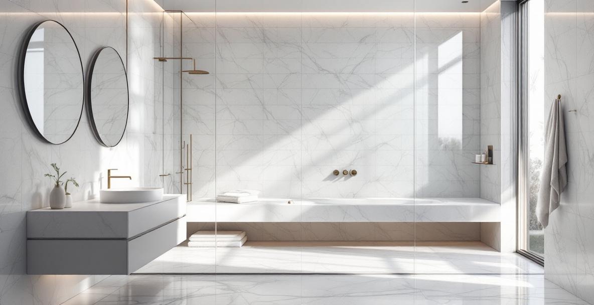 Modern bathroom with contemporary glass design trends showing frameless shower enclosure, fluted glass panels and brass hardware in DFW home