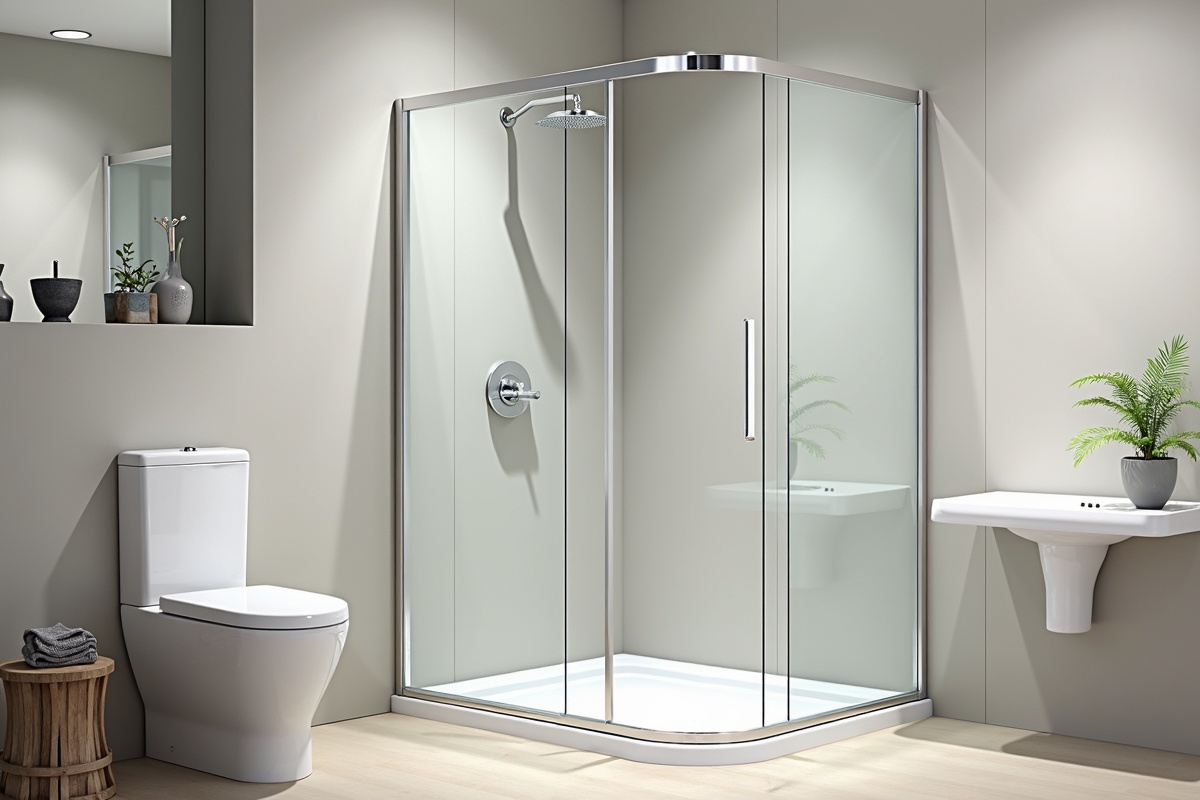 Modern bathroom with angled glass shower enclosure in a corner space showing efficient use of a small bathroom layout