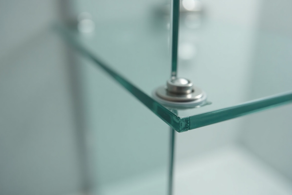 Close-up view of clean glass edges on a modern shower enclosure showing precise glass fabrication and hardware detail
