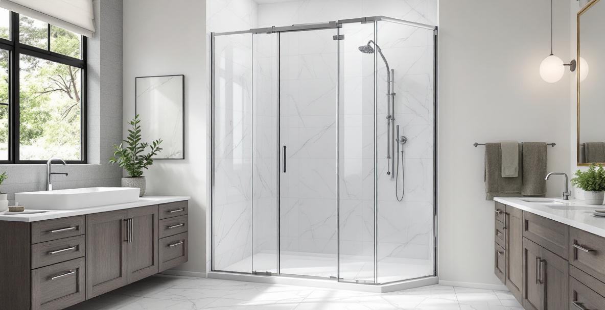 Corner bathroom with glass shower enclosure showing how an angled design maximizes space in a smaller bathroom